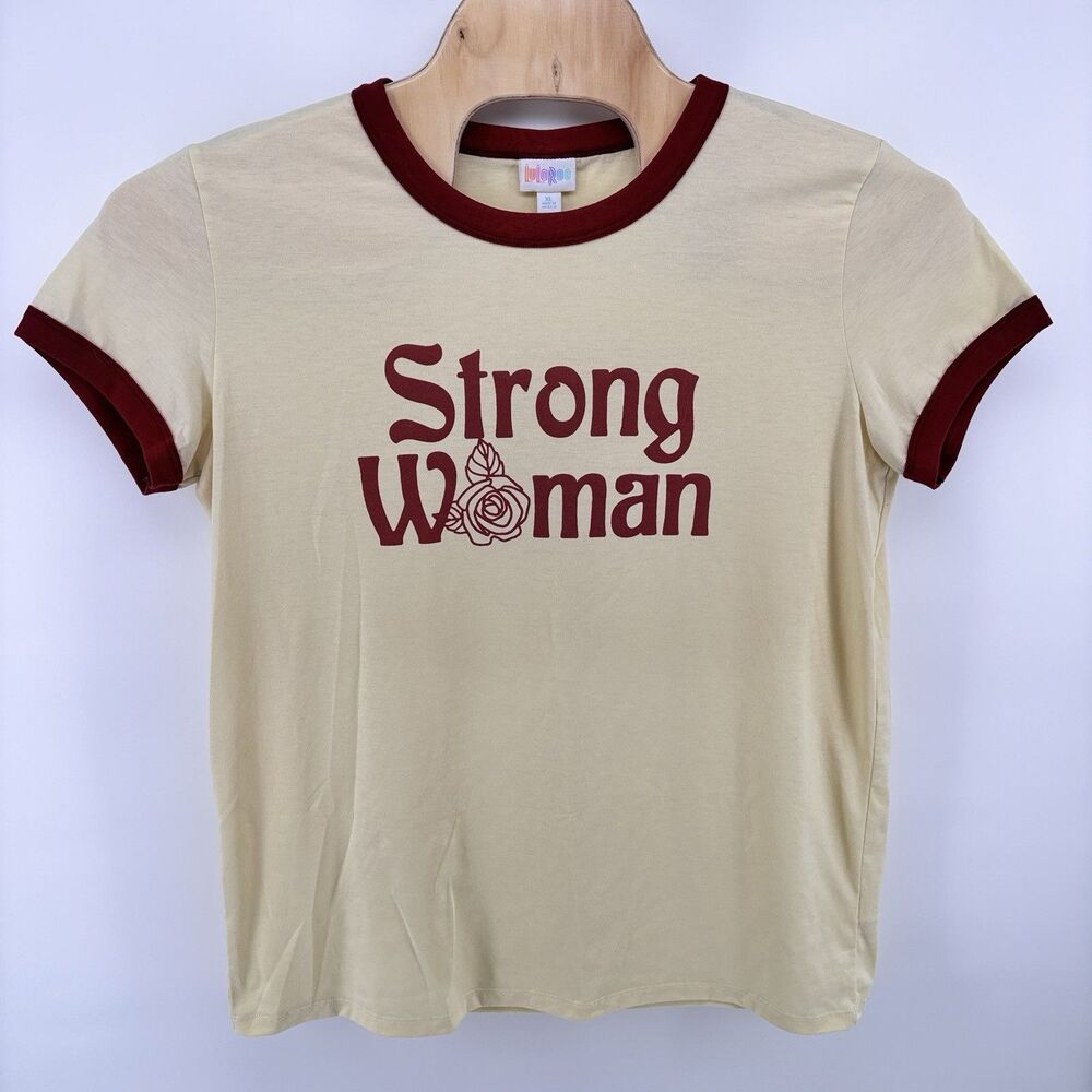 LuLaRoe Women's XL Strong Woman Rose Graphic Tee Burgundy Trim